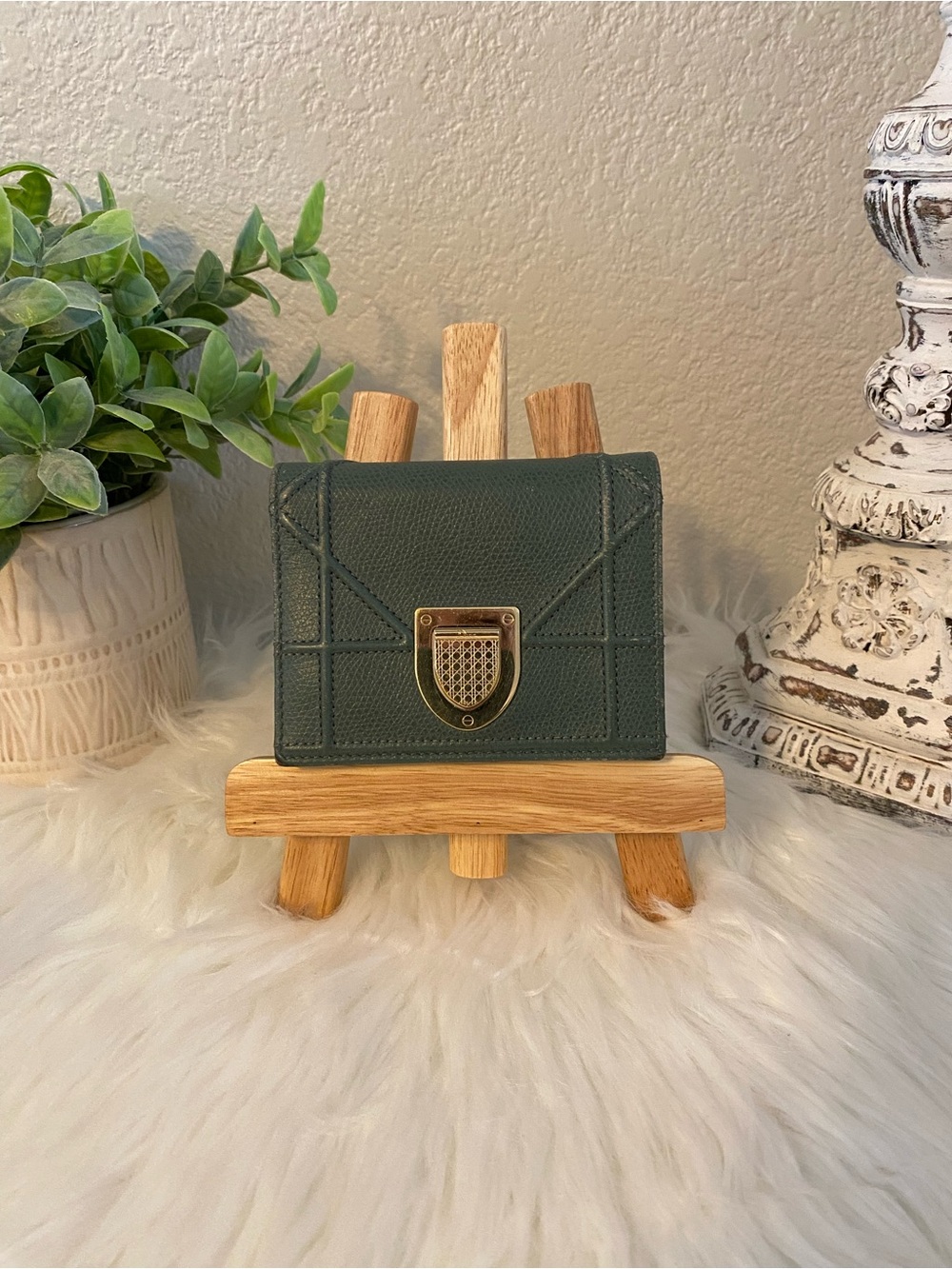 Christian Dior Diorama Green Textured Leather Card Wallet with Gold Logo